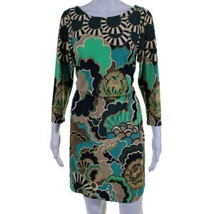 Ali Ra Womens Abstract Round Neck Ruched Long Sleeve Midi Dress Green Size 6